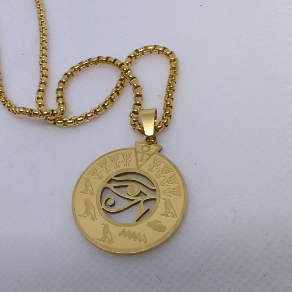 Mythological Egyptian Pendant Necklace-Gold Color Metal Evil Eye Unisex Jewelry - Picture 8 of 10